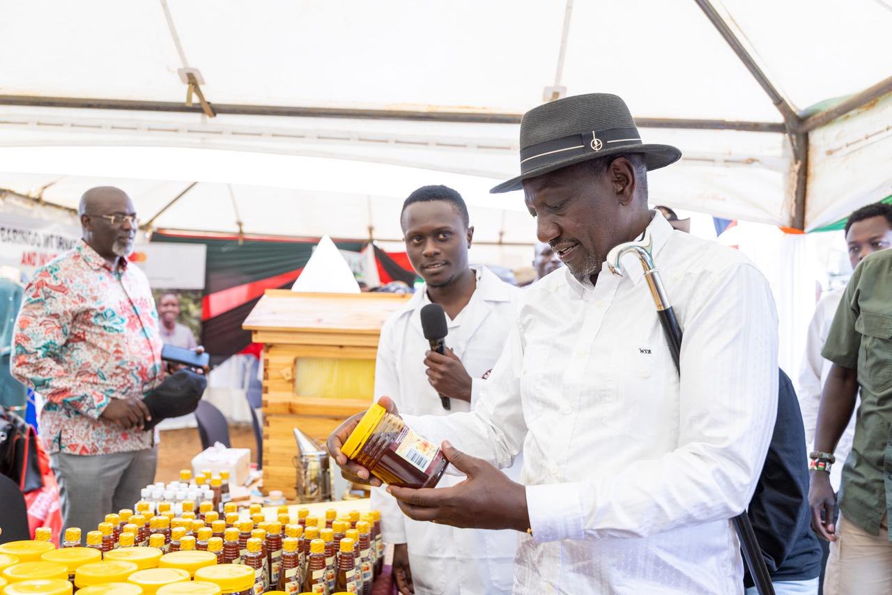His Excellency President William Samoei Ruto taking a moment to check out Baringo Honey—a proud product of Baringo County.
